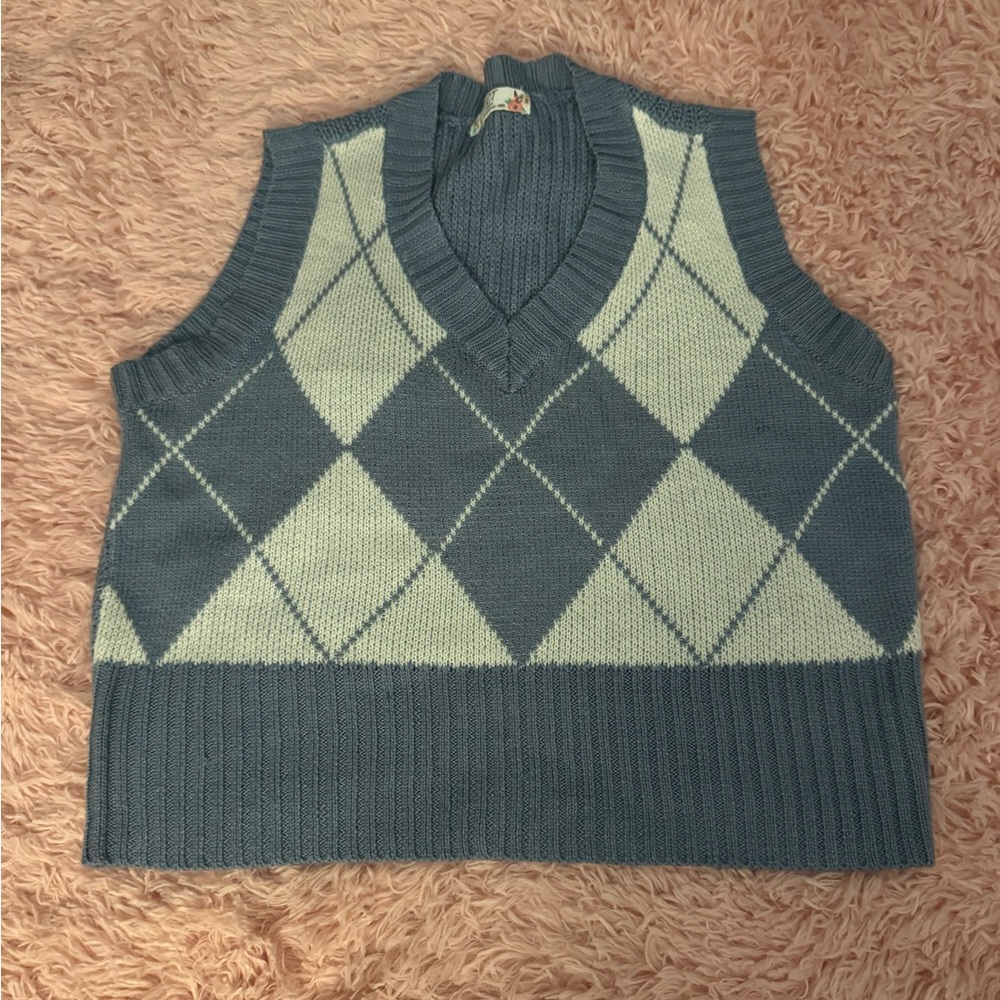 Blue and White Argyle Knit Vest